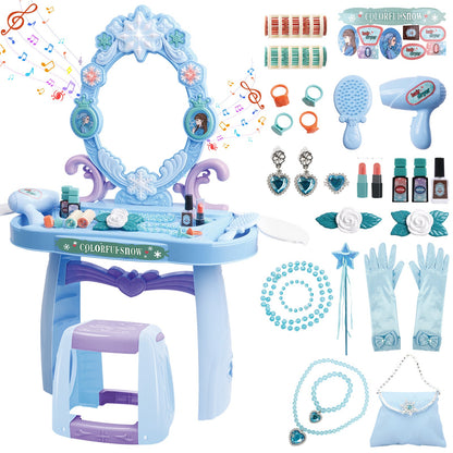 Girls Light Makeup Table Vanity Set with Mirror, Lights & Music, Pretend Play Hair & Makeup Toys with Accessories, Jewelry, Pretend Cosmetics Storage Toddler Princess Dressing Table Gift