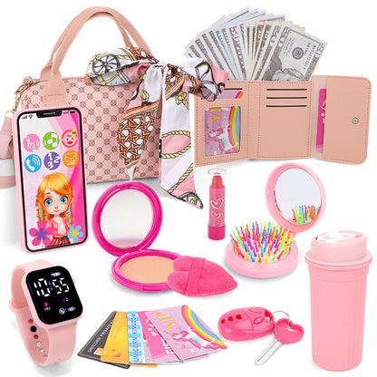 Kids Pretend Play Purse Set with Accessories – Girls Role Play Handbag Toy with Play Smartphone, Wallet, Fake Cash, Cards, Watch, Makeup, Hairbrush & Travel Cup – Educational Princess Dress Up Gifts for Girls Ages 3+