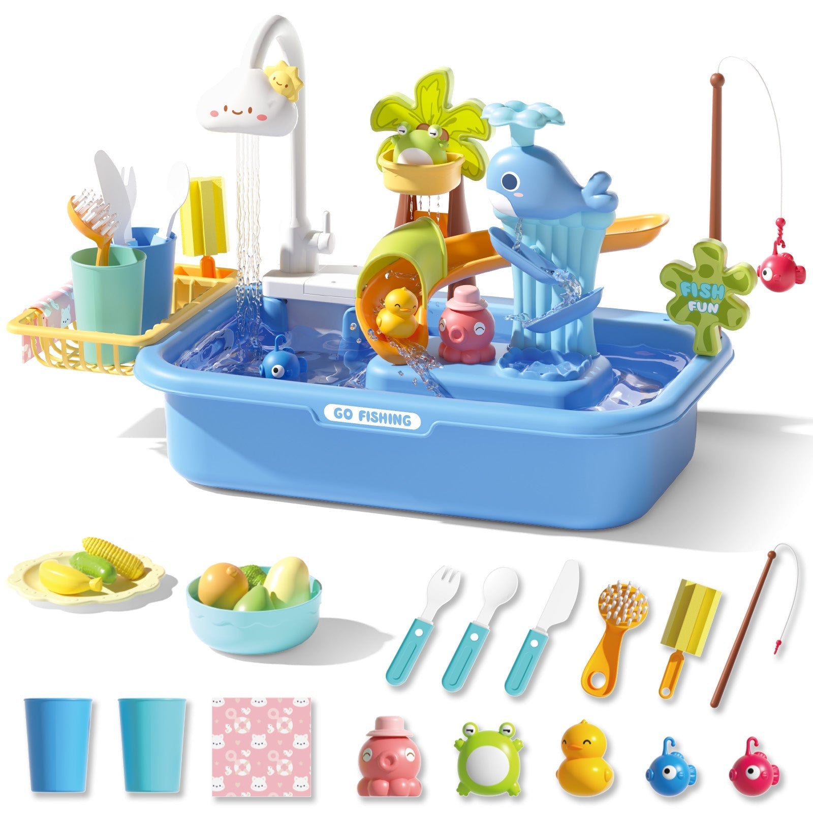 Pretend Play Kitchen Sink with Real Running Water -4-in-1 Water Play Table, Floating Pool, Fishing & Duck Slide Game - Interactive Washing Up Toy for Toddlers & Kids (Blue