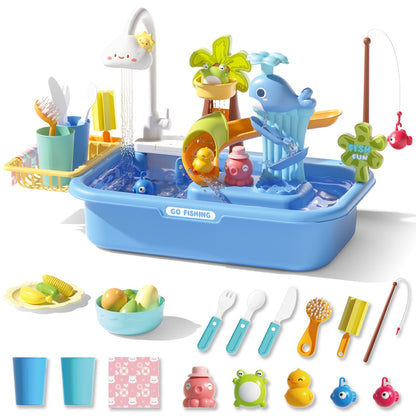 Pretend Play Kitchen Sink with Real Running Water -4-in-1 Water Play Table, Floating Pool, Fishing & Duck Slide Game - Interactive Washing Up Toy for Toddlers & Kids (Blue