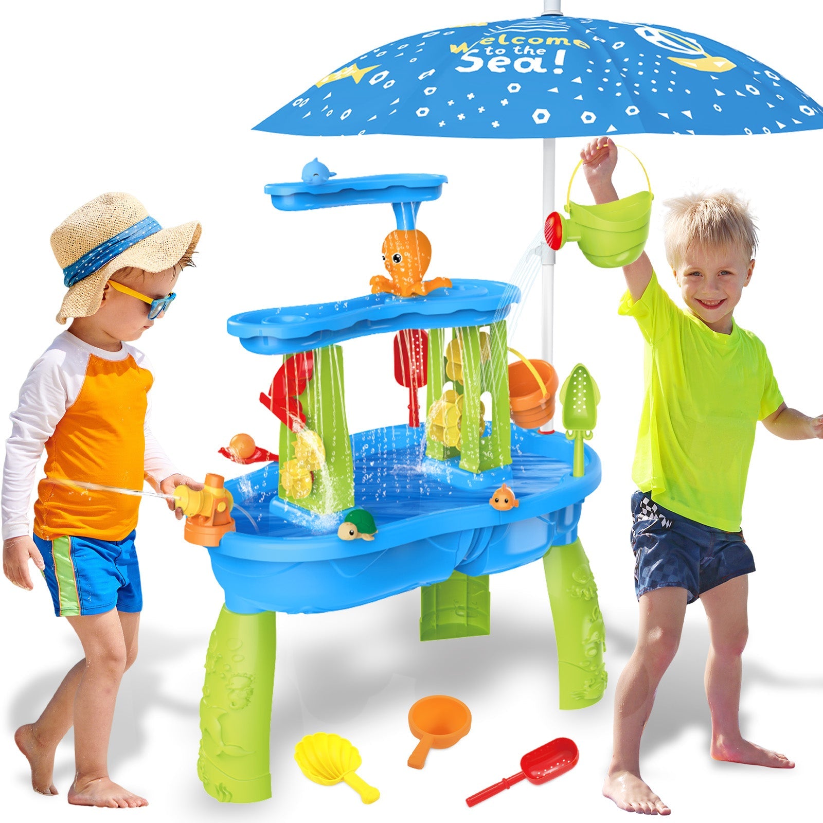 3-Tier Sand and Water Table with Umbrella & Beach Toys  Outdoor Sand Water Play Table for Kids Summer Backyard Toy with Water Wheel, Buckets, and Accessories, Ideal for Boys & Girls