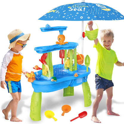 3-Tier Sand and Water Table with Umbrella & Beach Toys  Outdoor Sand Water Play Table for Kids Summer Backyard Toy with Water Wheel, Buckets, and Accessories, Ideal for Boys & Girls