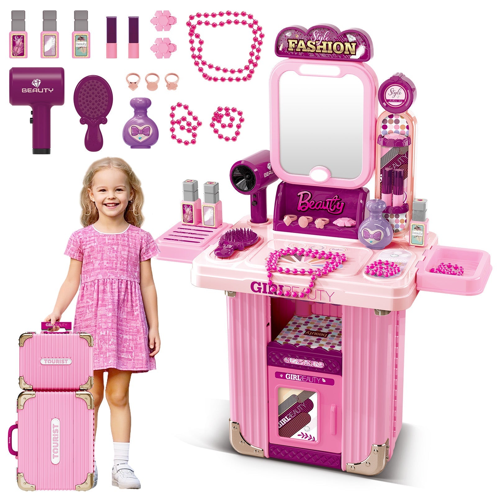 Kids Beauty Vanity Set with Suitcase Dressing Table Hair Salon Pretend Makeup & Hairdressing Toy Set Portable Dressing Table Princess Dress Up Playset Gift Toddler