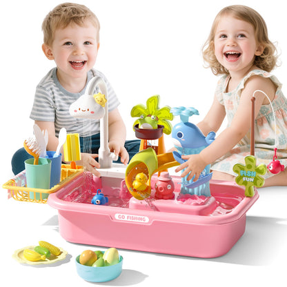 Pretend Play Kitchen Sink with Real Running Water -4-in-1 Water Play Table, Floating Pool, Fishing & Duck Slide Game - Interactive Washing Up Toy for Toddlers & Kids (Blue