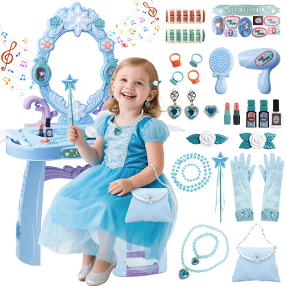 Girls Light Makeup Table Vanity Set with Mirror, Lights & Music, Pretend Play Hair & Makeup Toys with Accessories, Jewelry, Pretend Cosmetics Storage Toddler Princess Dressing Table Gift