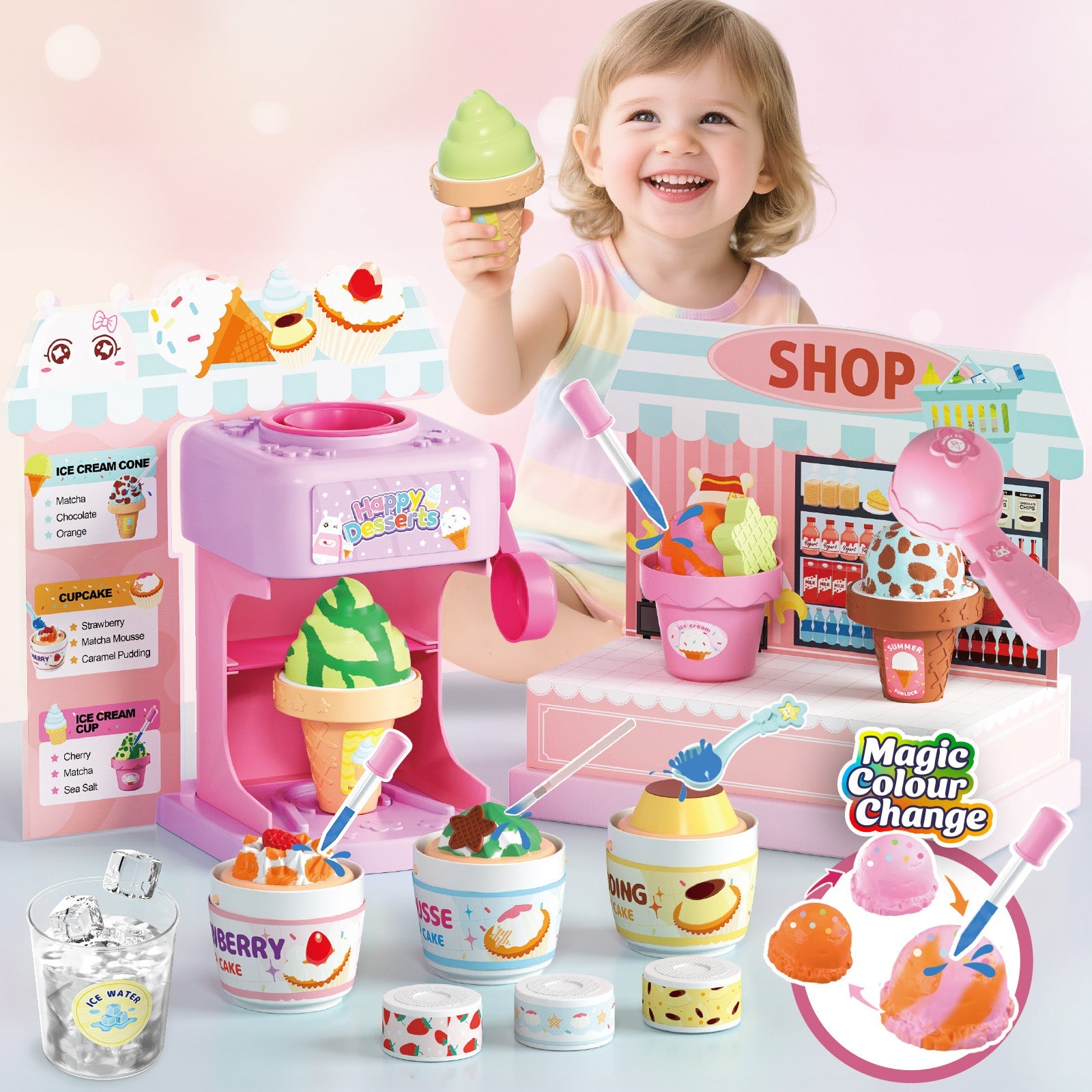 2-in-1 Color Changing Dessert Maker Playset -Ice Cream & Cake Toy with Ice Water Colour Change, Pretend Play Kitchen Toys for Kids,Birthday Gifts for Girls & Boys
