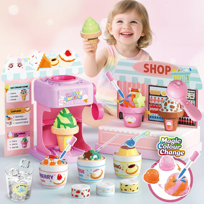 2-in-1 Color Changing Dessert Maker Playset -Ice Cream & Cake Toy with Ice Water Colour Change, Pretend Play Kitchen Toys for Kids,Birthday Gifts for Girls & Boys