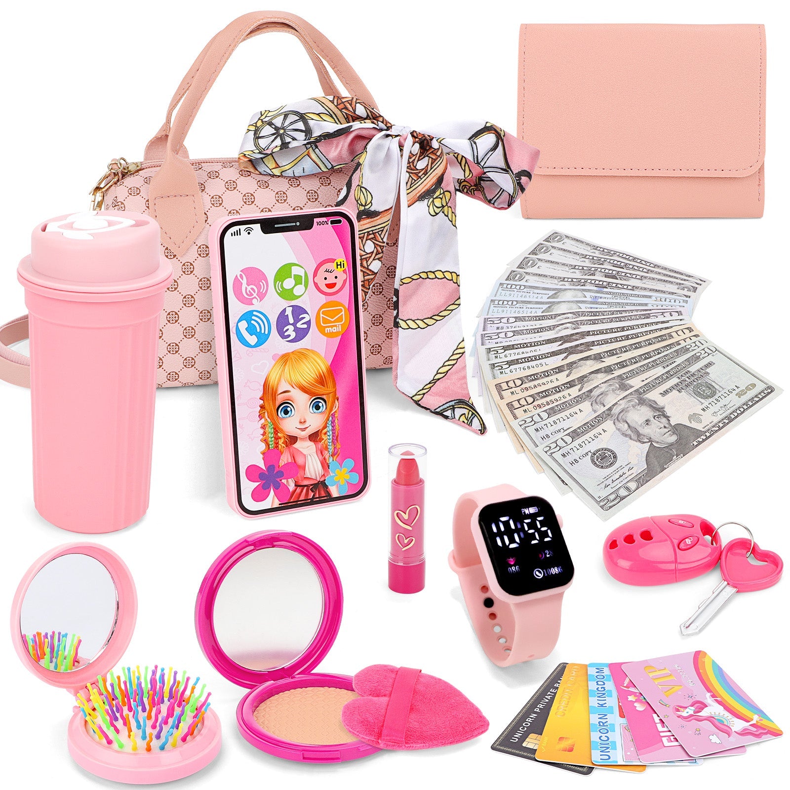 Kids Pretend Play Purse Set with Accessories – Girls Role Play Handbag Toy with Play Smartphone, Wallet, Fake Cash, Cards, Watch, Makeup, Hairbrush & Travel Cup – Educational Princess Dress Up Gifts for Girls Ages 3+