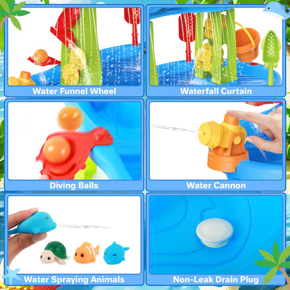 3-Tier Sand and Water Table with Umbrella & Beach Toys  Outdoor Sand Water Play Table for Kids Summer Backyard Toy with Water Wheel, Buckets, and Accessories, Ideal for Boys & Girls