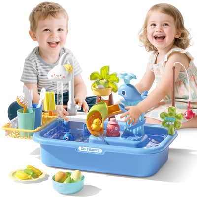 Évier de Cuisine de Jeu d'Imitation avec Véritable Eau Courante - Table de Jeu Aquatique 4-en-1, Piscine Flottante, Pêche et Toboggan à Canards - Jouet Interactif pour Laver la Vaisselle pour Tout-petits et Enfants (Bleu