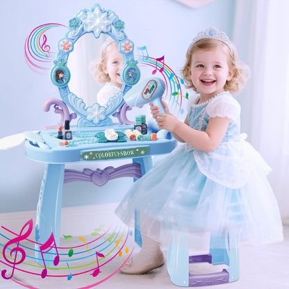 Girls Light Makeup Table Vanity Set with Mirror, Lights & Music, Pretend Play Hair & Makeup Toys with Accessories, Jewelry, Pretend Cosmetics Storage Toddler Princess Dressing Table Gift