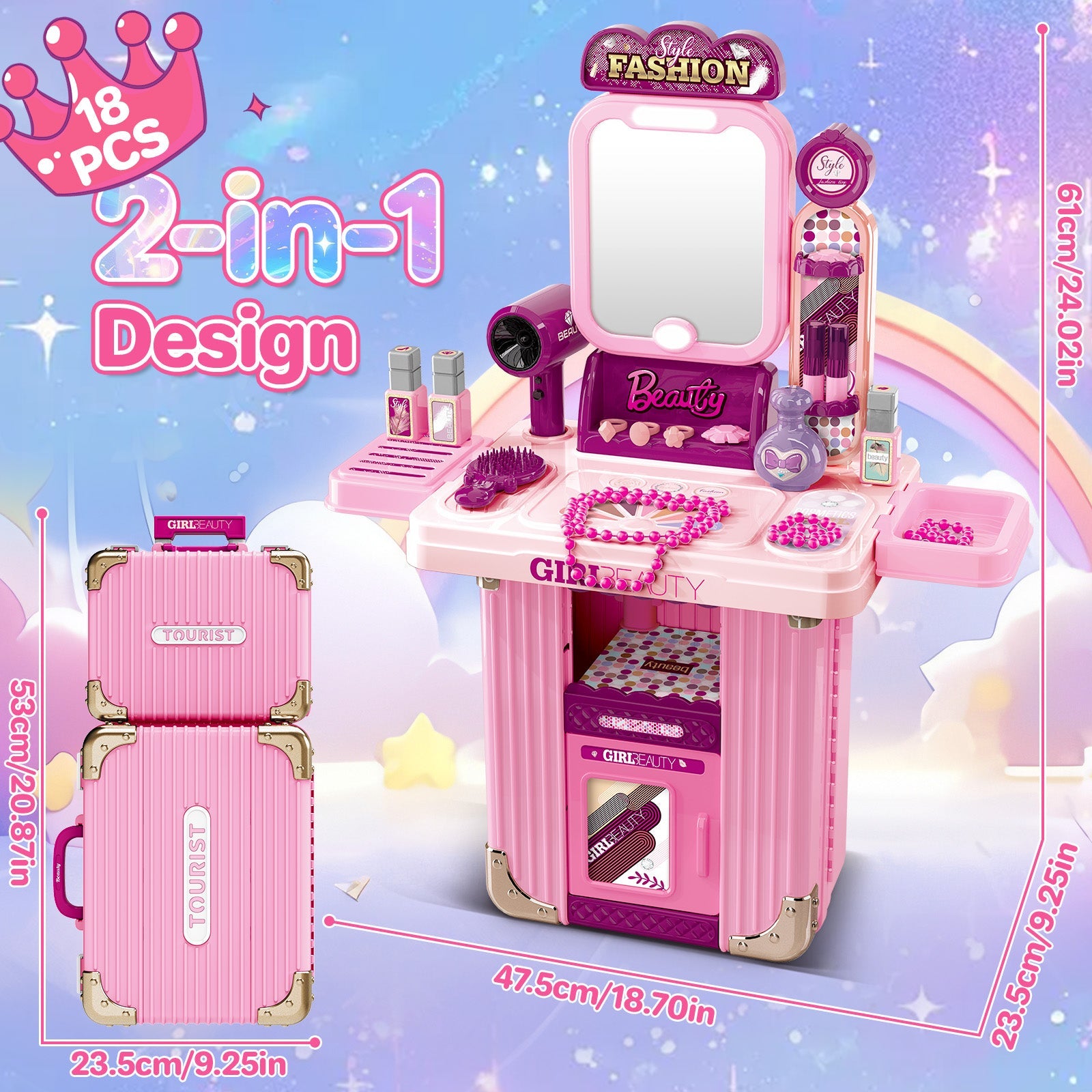 Kids Beauty Vanity Set with Suitcase Dressing Table Hair Salon Pretend Makeup & Hairdressing Toy Set Portable Dressing Table Princess Dress Up Playset Gift Toddler