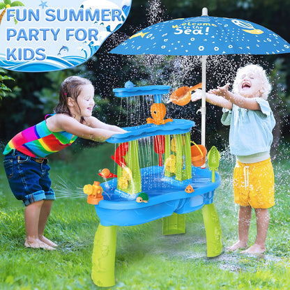 3-Tier Sand and Water Table with Umbrella & Beach Toys  Outdoor Sand Water Play Table for Kids Summer Backyard Toy with Water Wheel, Buckets, and Accessories, Ideal for Boys & Girls
