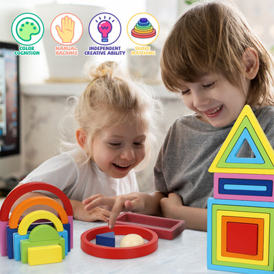 Fidtoy Wooden Rainbow Stacking Block Set for Toddlers 1-5