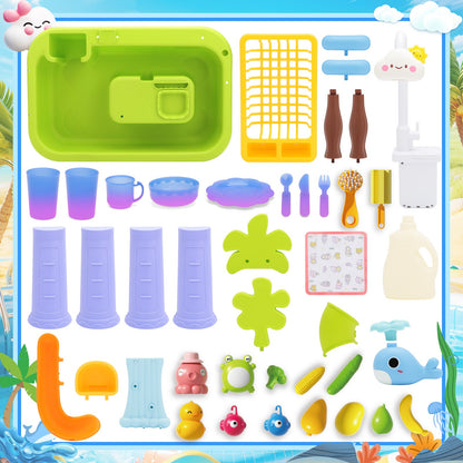 Beach Table & Simulation Kitchen Sink 2-in-1 Toy Set with Water Supply Function Simulation Dishwashing Set with Faucet Color-changing Tableware in Warm Water Children's Role Playing Toy with Accessories Gift