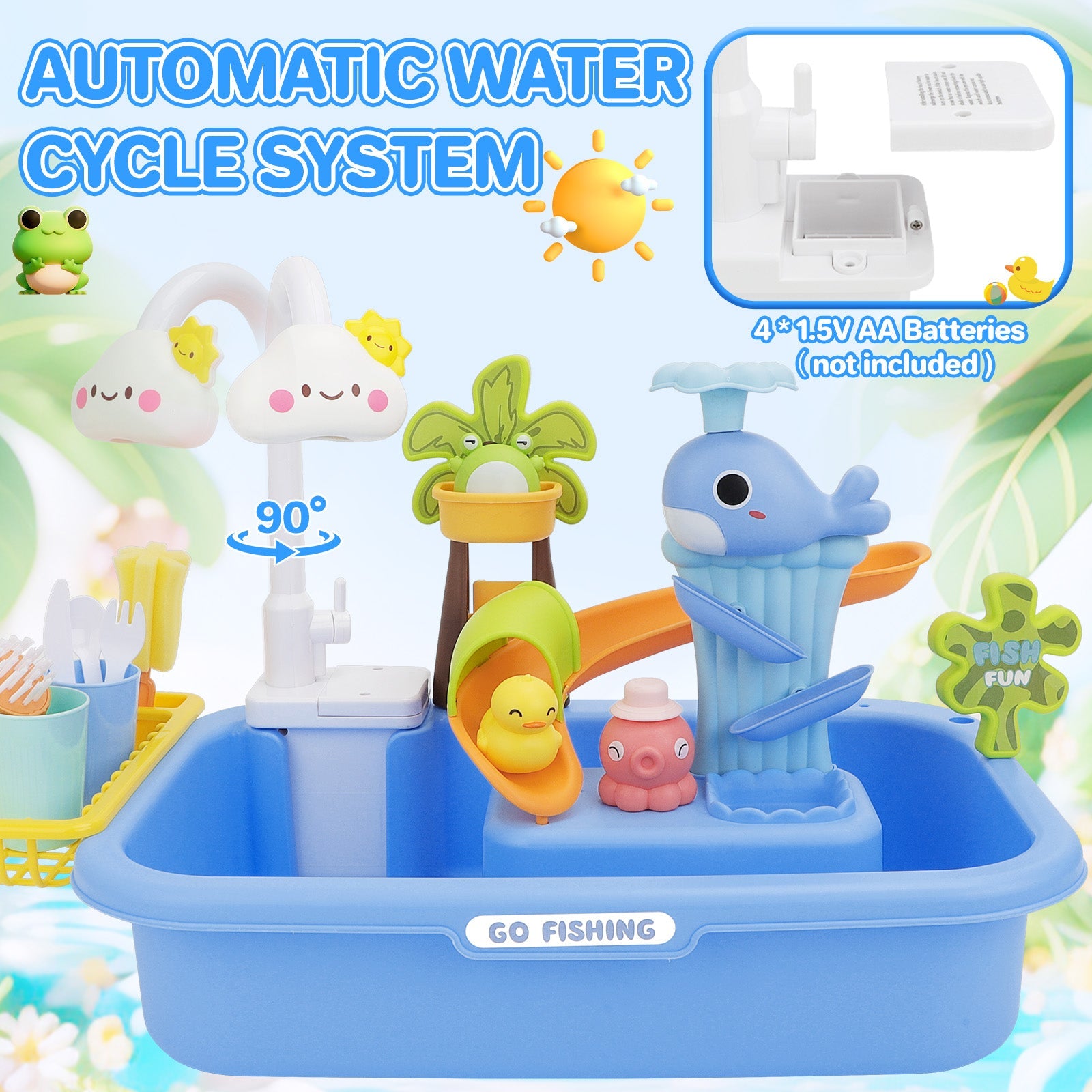 Pretend Play Kitchen Sink with Real Running Water -4-in-1 Water Play Table, Floating Pool, Fishing & Duck Slide Game - Interactive Washing Up Toy for Toddlers & Kids (Blue