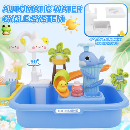 Pretend Play Kitchen Sink with Real Running Water -4-in-1 Water Play Table, Floating Pool, Fishing & Duck Slide Game - Interactive Washing Up Toy for Toddlers & Kids (Blue