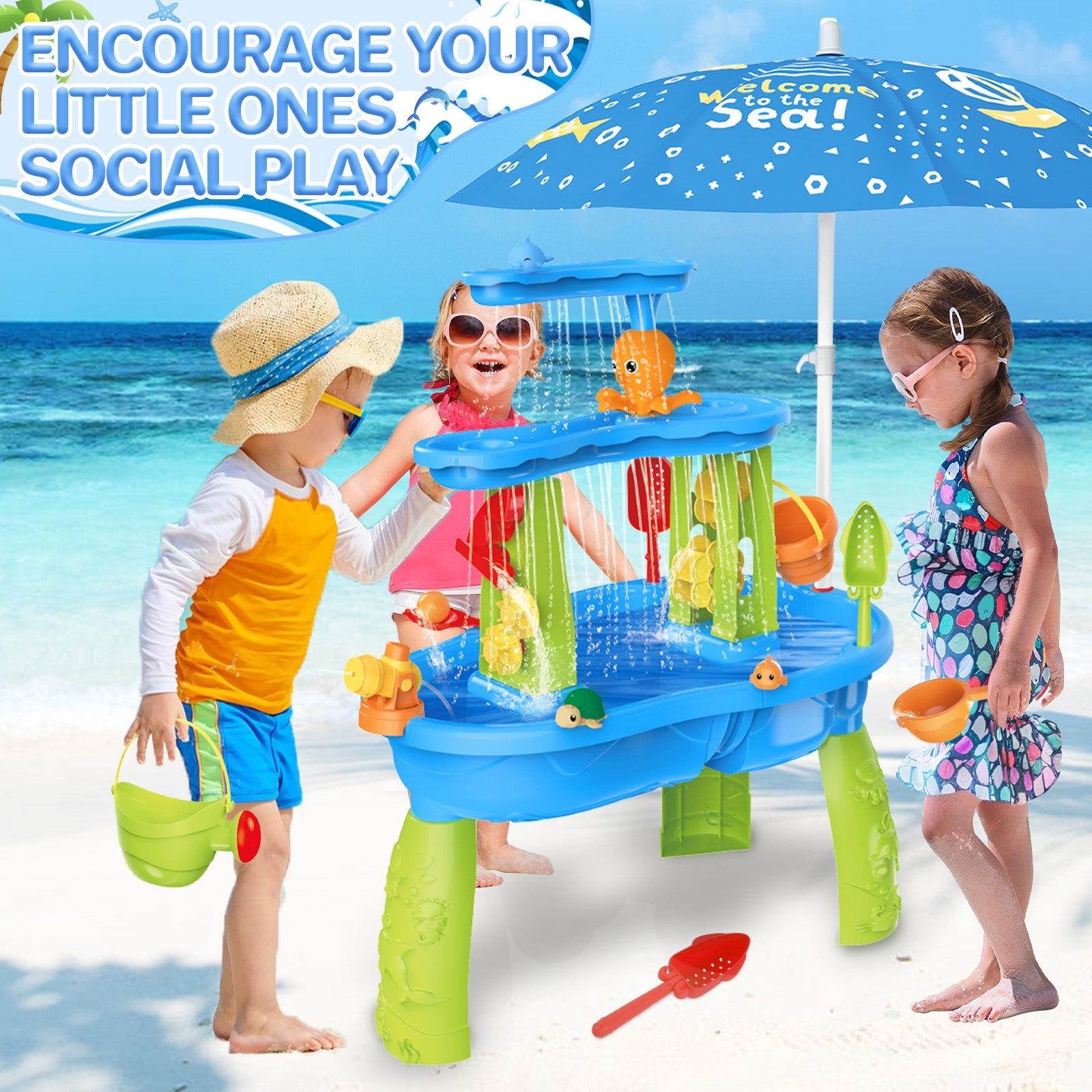 3-Tier Sand and Water Table with Umbrella & Beach Toys  Outdoor Sand Water Play Table for Kids Summer Backyard Toy with Water Wheel, Buckets, and Accessories, Ideal for Boys & Girls