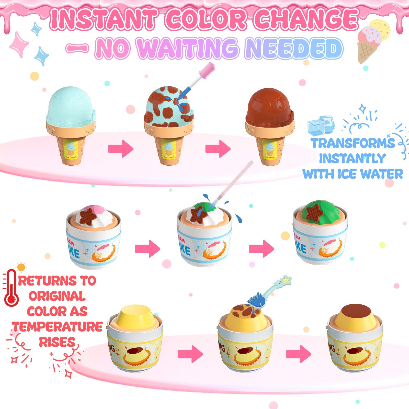 2-in-1 Color Changing Dessert Maker Playset -Ice Cream & Cake Toy with Ice Water Colour Change, Pretend Play Kitchen Toys for Kids,Birthday Gifts for Girls & Boys