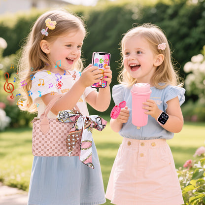 Kids Pretend Play Purse Set with Accessories – Girls Role Play Handbag Toy with Play Smartphone, Wallet, Fake Cash, Cards, Watch, Makeup, Hairbrush & Travel Cup – Educational Princess Dress Up Gifts for Girls Ages 3+