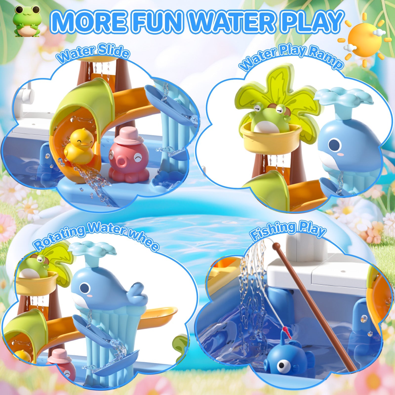 Pretend Play Kitchen Sink with Real Running Water -4-in-1 Water Play Table, Floating Pool, Fishing & Duck Slide Game - Interactive Washing Up Toy for Toddlers & Kids (Blue