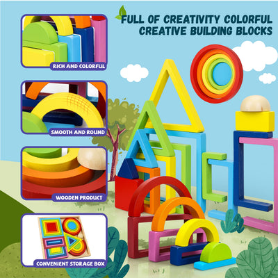 Fidtoy Wooden Rainbow Stacking Block Set for Toddlers 1-5