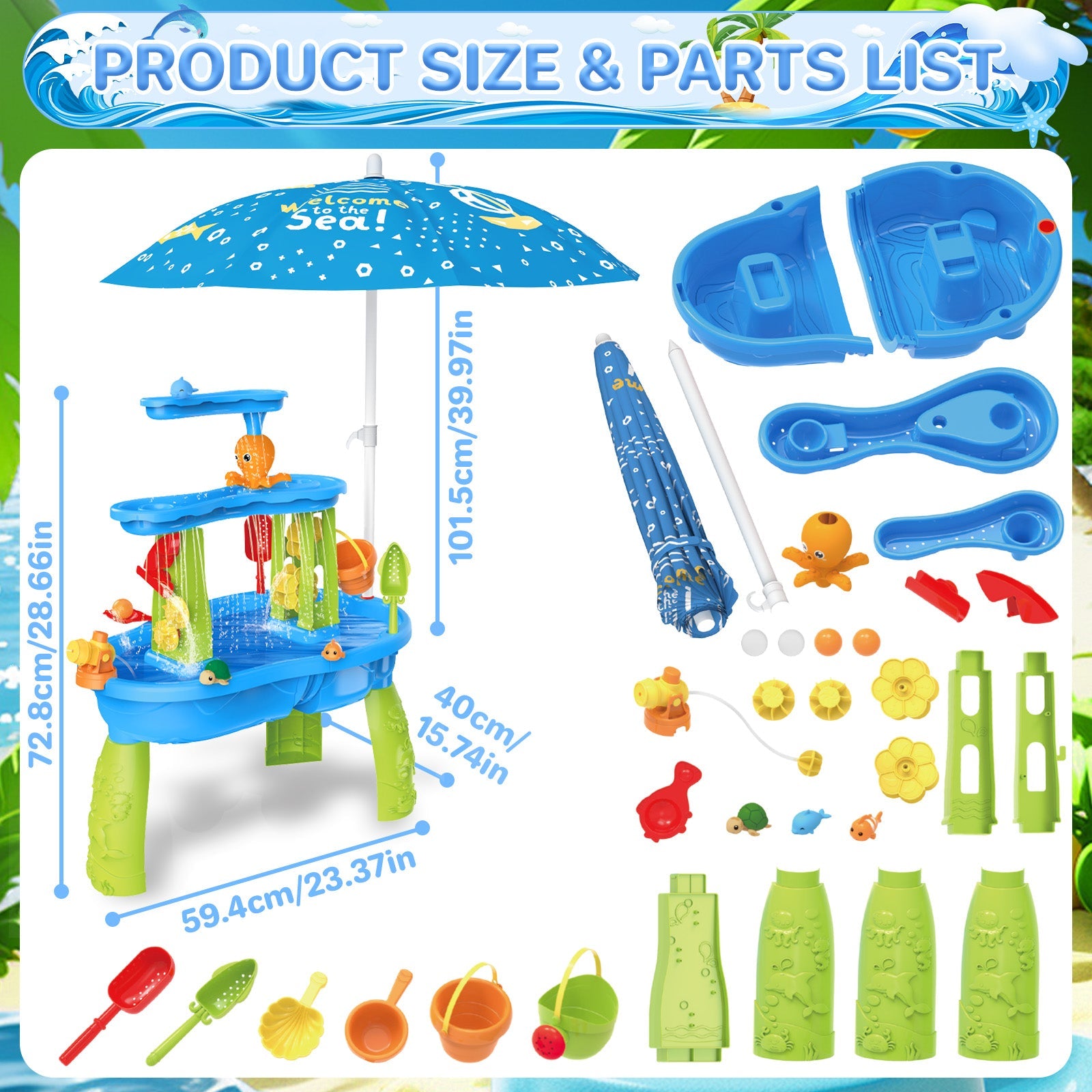 3-Tier Sand and Water Table with Umbrella & Beach Toys  Outdoor Sand Water Play Table for Kids Summer Backyard Toy with Water Wheel, Buckets, and Accessories, Ideal for Boys & Girls
