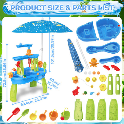 3-Tier Sand and Water Table with Umbrella & Beach Toys  Outdoor Sand Water Play Table for Kids Summer Backyard Toy with Water Wheel, Buckets, and Accessories, Ideal for Boys & Girls