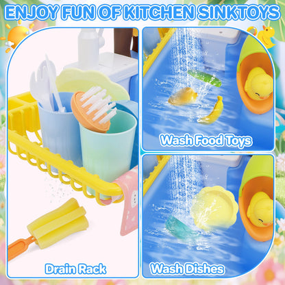Pretend Play Kitchen Sink with Real Running Water -4-in-1 Water Play Table, Floating Pool, Fishing & Duck Slide Game - Interactive Washing Up Toy for Toddlers & Kids (Blue