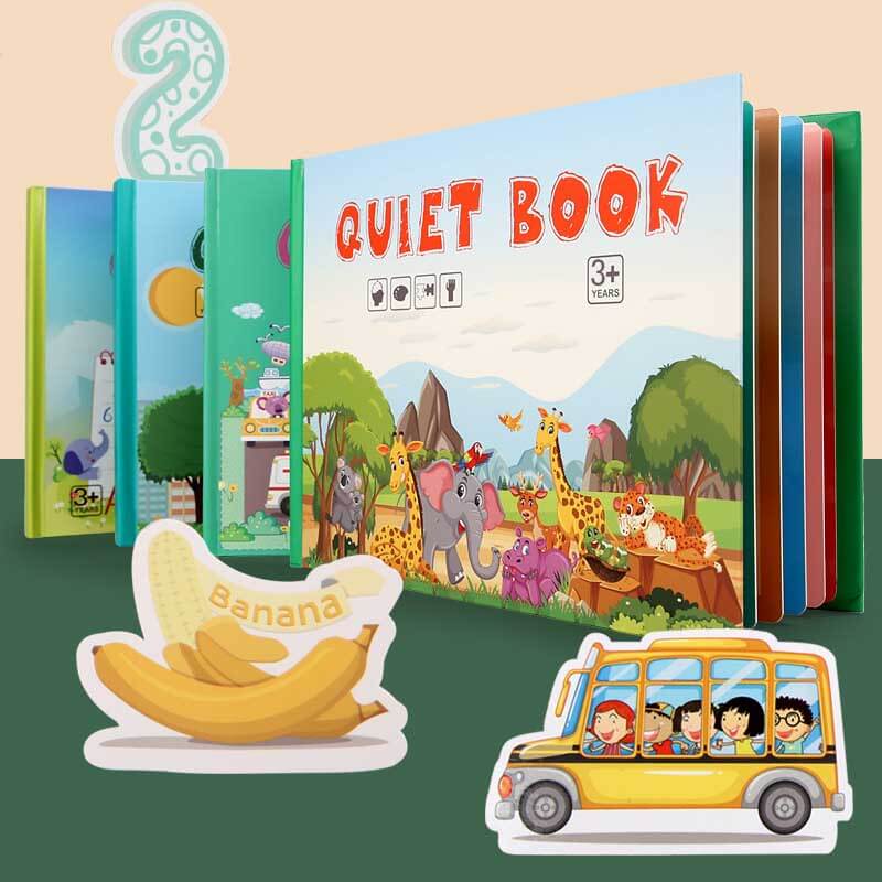 Fidtoy Montessori Livre d'éveil silencieux pour tout-petits | Livre d'activités éducatif et interactif pour apprendre les chiffres, les animaux, les légumes et la circulation routière