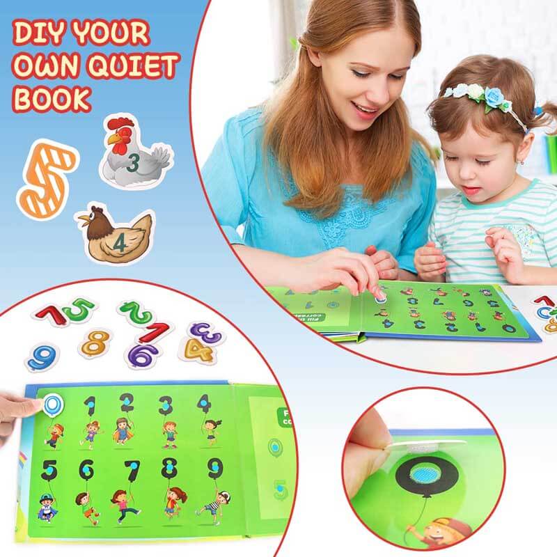 Fidtoy Montessori Livre d'éveil silencieux pour tout-petits | Livre d'activités éducatif et interactif pour apprendre les chiffres, les animaux, les légumes et la circulation routière