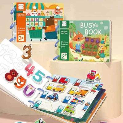 Fidtoy Montessori Livre d'éveil silencieux pour tout-petits | Livre d'activités éducatif et interactif pour apprendre les chiffres, les animaux, les légumes et la circulation routière