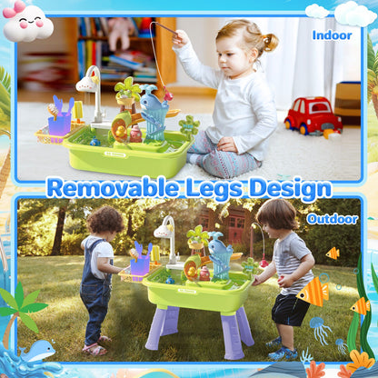Beach Table & Simulation Kitchen Sink 2-in-1 Toy Set with Water Supply Function Simulation Dishwashing Set with Faucet Color-changing Tableware in Warm Water Children's Role Playing Toy with Accessories Gift