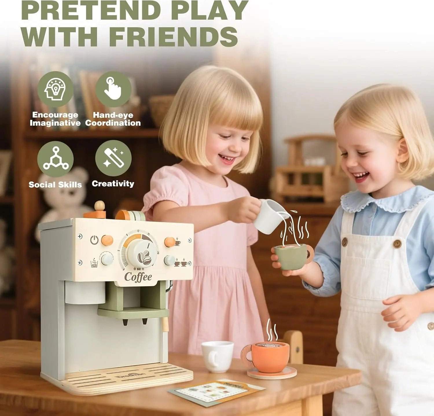 Wooden Toy Coffee Maker Playset for Kids
