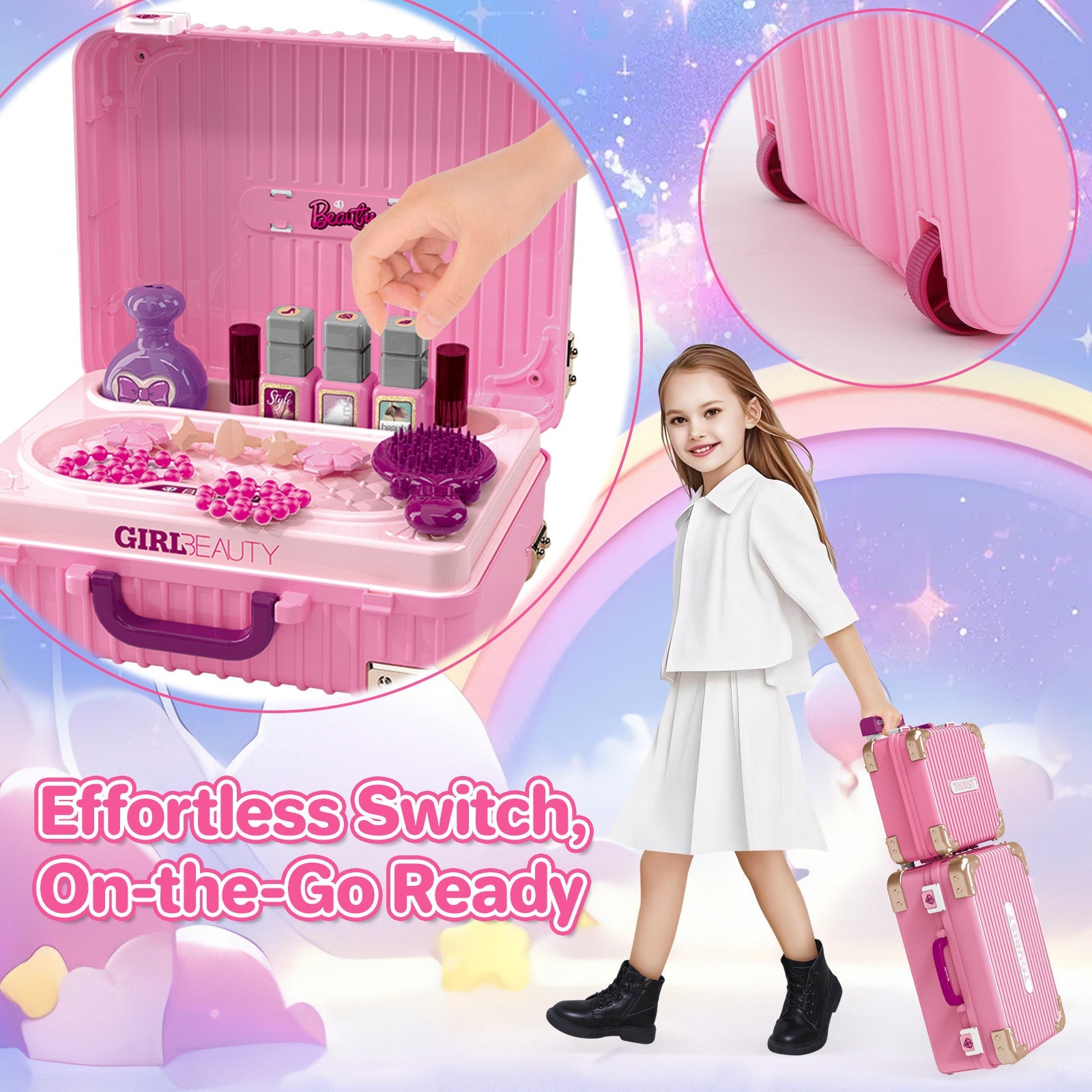 Kids Beauty Vanity Set with Suitcase Dressing Table Hair Salon Pretend Makeup & Hairdressing Toy Set Portable Dressing Table Princess Dress Up Playset Gift Toddler
