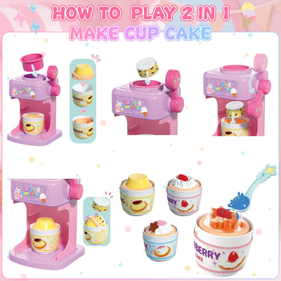 2-in-1 Color Changing Dessert Maker Playset -Ice Cream & Cake Toy with Ice Water Colour Change, Pretend Play Kitchen Toys for Kids,Birthday Gifts for Girls & Boys