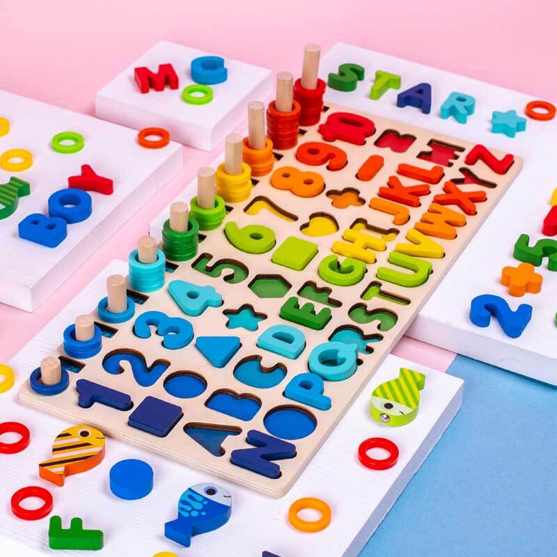 Fidtoy Juguete de aprendizaje de números y formas de madera para niños pequeños | Conteo Montessori y clasificación de colores