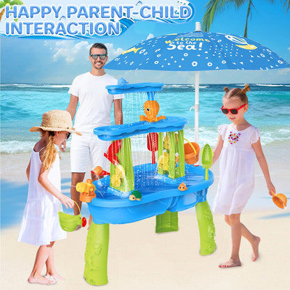 3-Tier Sand and Water Table with Umbrella & Beach Toys  Outdoor Sand Water Play Table for Kids Summer Backyard Toy with Water Wheel, Buckets, and Accessories, Ideal for Boys & Girls