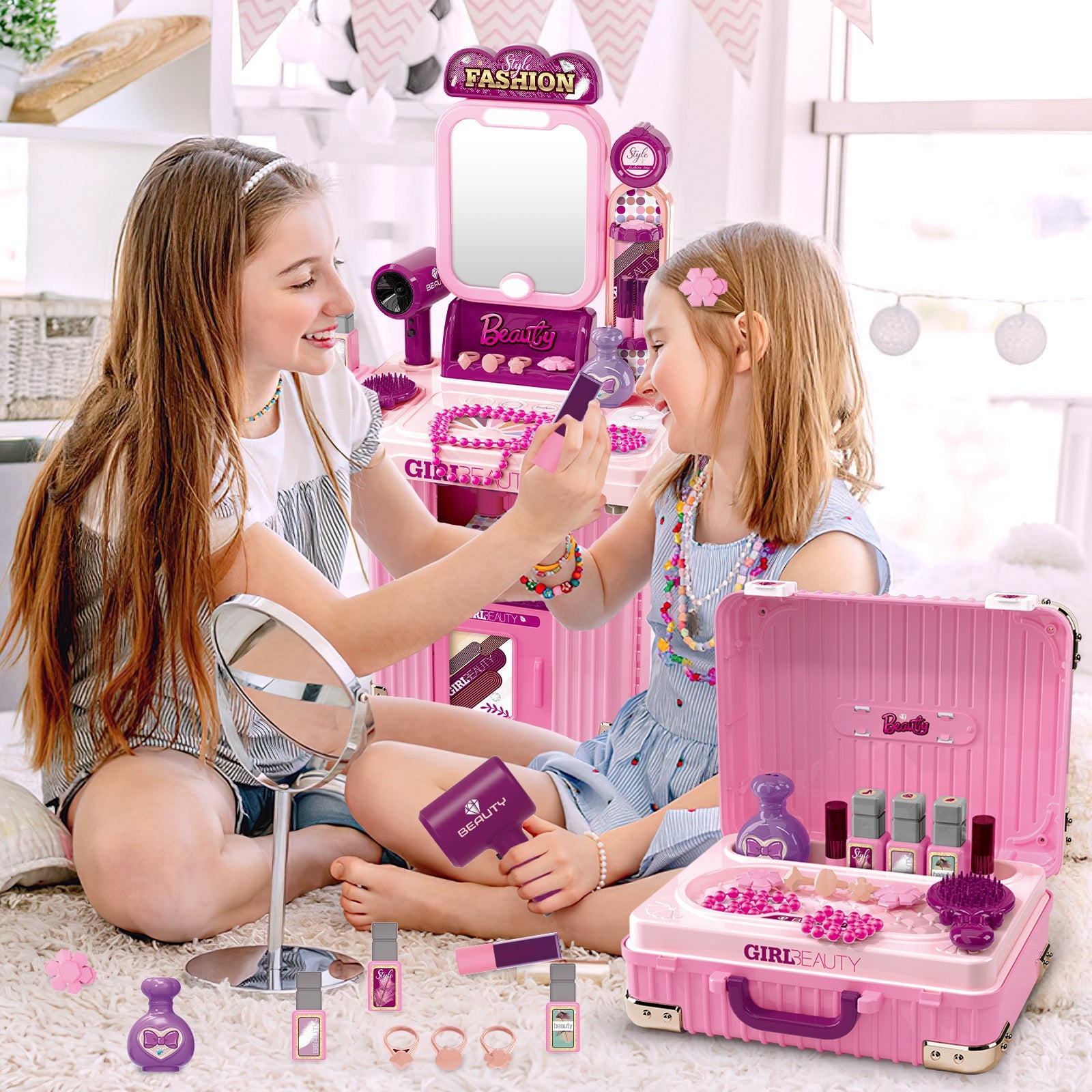 Kids Beauty Vanity Set with Suitcase Dressing Table Hair Salon Pretend Makeup & Hairdressing Toy Set Portable Dressing Table Princess Dress Up Playset Gift Toddler