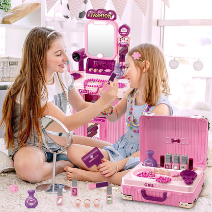 Kids Beauty Vanity Set with Suitcase Dressing Table Hair Salon Pretend Makeup & Hairdressing Toy Set Portable Dressing Table Princess Dress Up Playset Gift Toddler