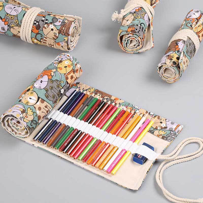 Fidtoy Trousse à crayons roulante à 36 trous pour enfants et artistes, organisateur de rouleau de crayons en toile avec motif de chat de dessin animé