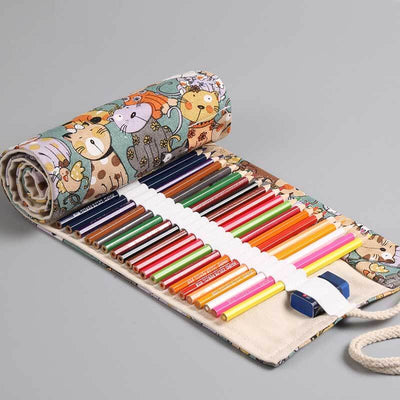 Fidtoy Trousse à crayons roulante à 36 trous pour enfants et artistes, organisateur de rouleau de crayons en toile avec motif de chat de dessin animé