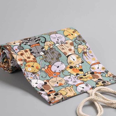 Fidtoy Trousse à crayons roulante à 36 trous pour enfants et artistes, organisateur de rouleau de crayons en toile avec motif de chat de dessin animé
