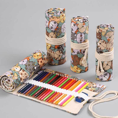 Fidtoy Trousse à crayons roulante à 36 trous pour enfants et artistes, organisateur de rouleau de crayons en toile avec motif de chat de dessin animé