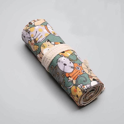 Fidtoy Trousse à crayons roulante à 36 trous pour enfants et artistes, organisateur de rouleau de crayons en toile avec motif de chat de dessin animé