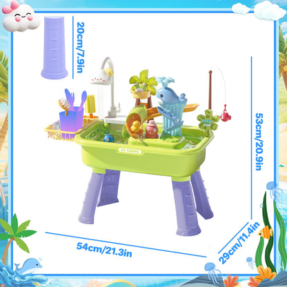 Beach Table & Simulation Kitchen Sink 2-in-1 Toy Set with Water Supply Function Simulation Dishwashing Set with Faucet Color-changing Tableware in Warm Water Children's Role Playing Toy with Accessories Gift