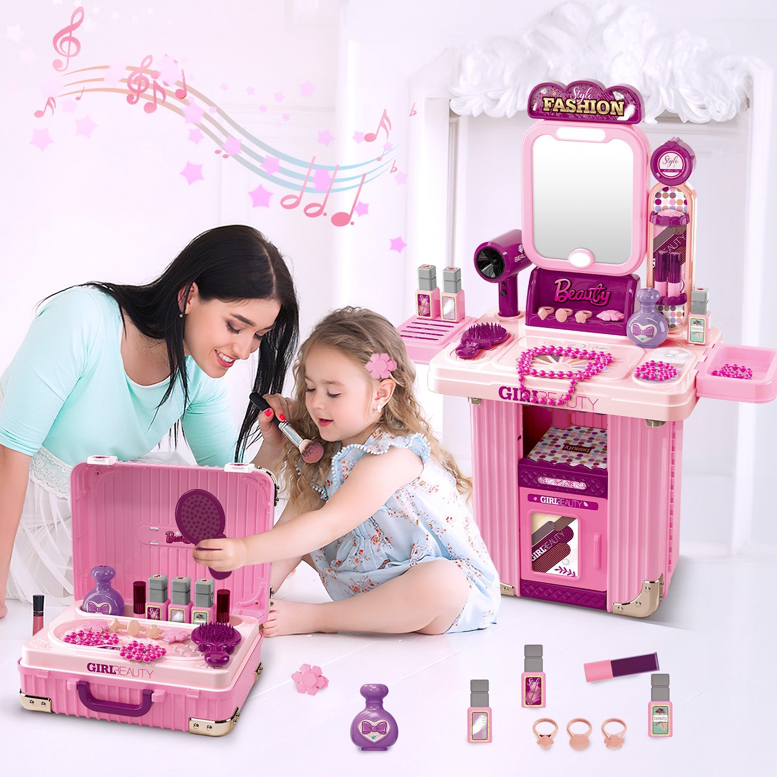 Kids Beauty Vanity Set with Suitcase Dressing Table Hair Salon Pretend Makeup & Hairdressing Toy Set Portable Dressing Table Princess Dress Up Playset Gift Toddler