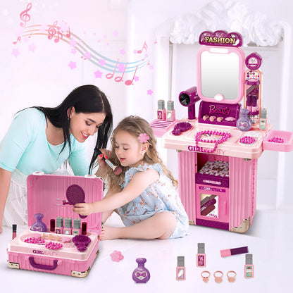 Kids Beauty Vanity Set with Suitcase Dressing Table Hair Salon Pretend Makeup & Hairdressing Toy Set Portable Dressing Table Princess Dress Up Playset Gift Toddler