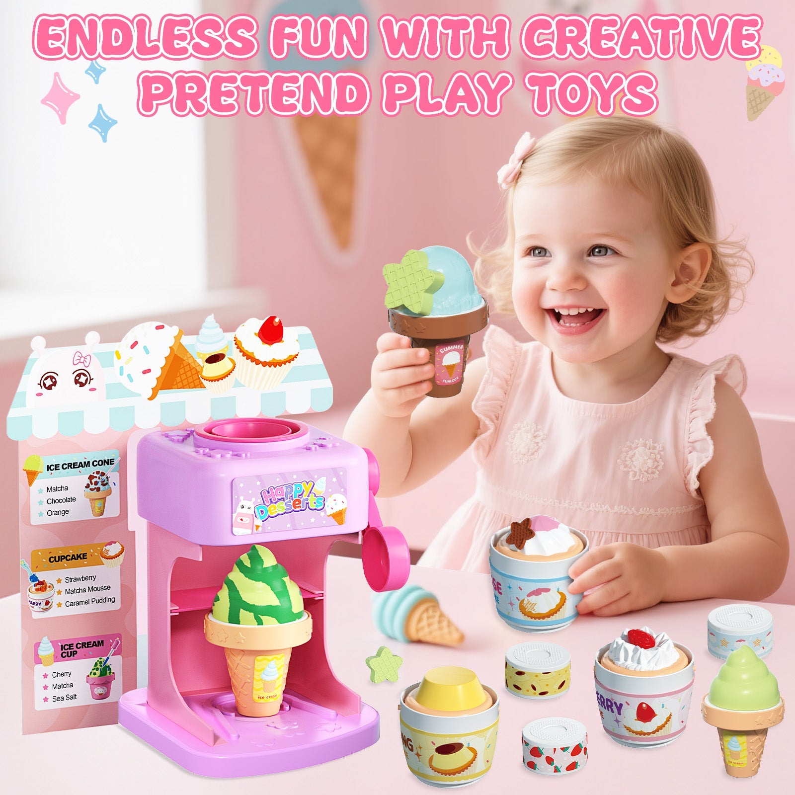 2-in-1 Color Changing Dessert Maker Playset -Ice Cream & Cake Toy with Ice Water Colour Change, Pretend Play Kitchen Toys for Kids,Birthday Gifts for Girls & Boys