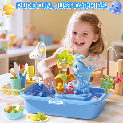 Évier de Cuisine de Jeu d'Imitation avec Véritable Eau Courante - Table de Jeu Aquatique 4-en-1, Piscine Flottante, Pêche et Toboggan à Canards - Jouet Interactif pour Laver la Vaisselle pour Tout-petits et Enfants (Bleu